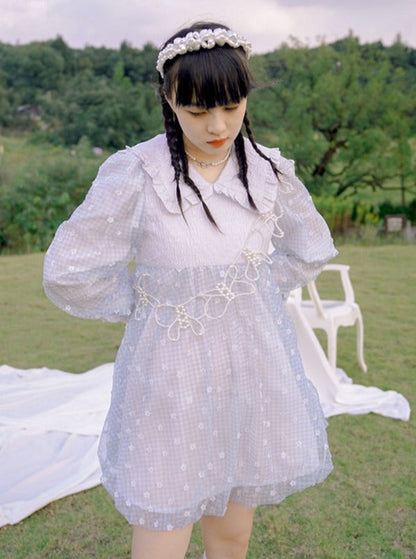 Jacquard Flower Bubble Girl Dader Clong Sleeve Dress