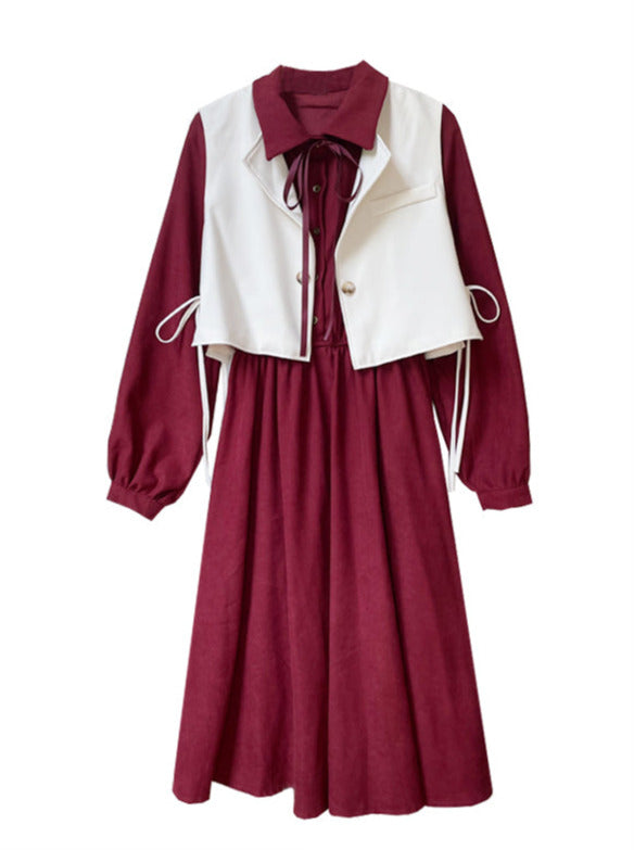 Side Ribbon Short Gilet + Volume Sleeve Ribbon Dress