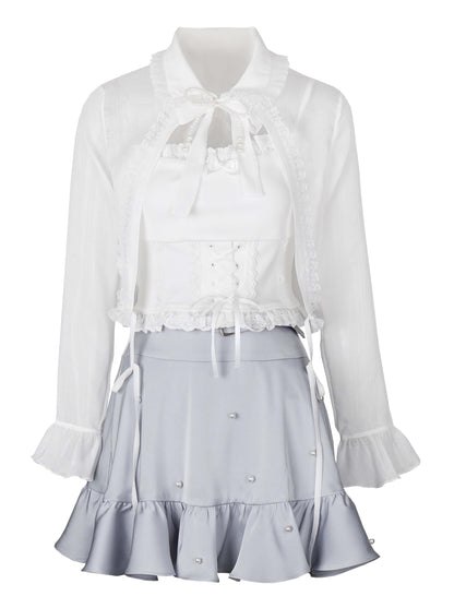 Sheer Pearl Ribbon Jacket Cami Skirt Girly Setup