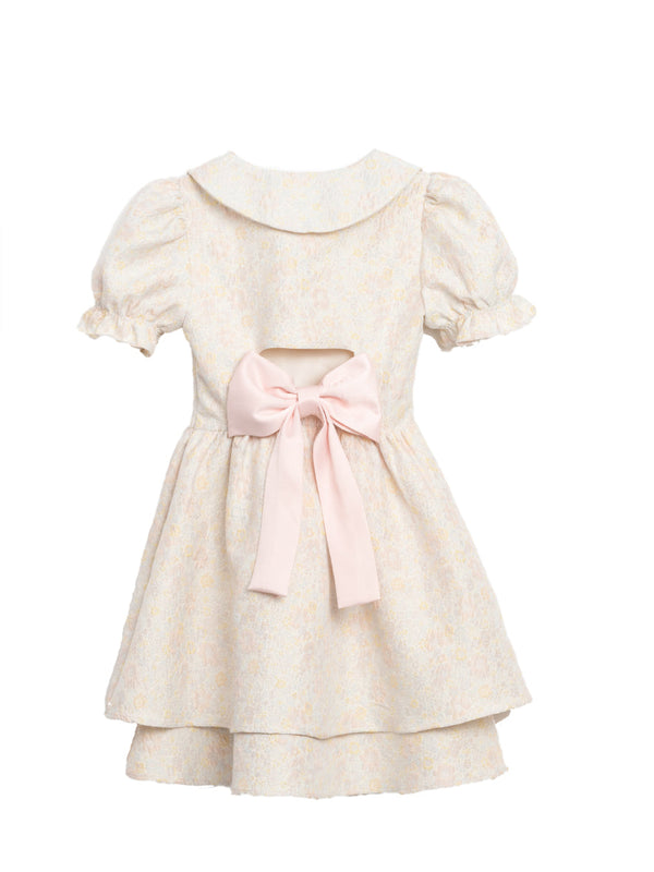 カラフルジャガードバックリボンチャイナパフスリーブドレス