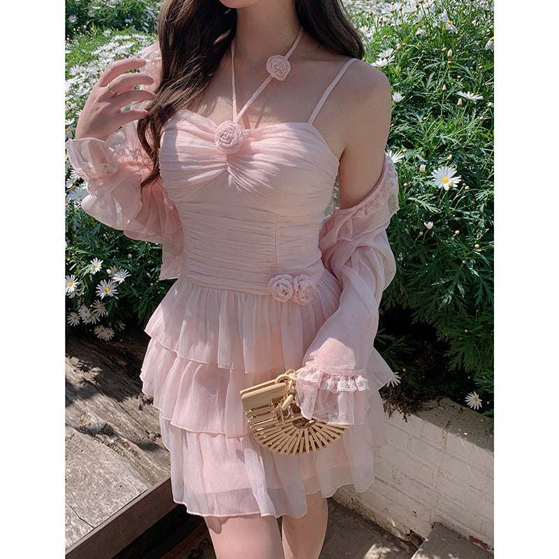 Sheer Lace Cardigan + Pink Rose Halter Neck Tiered Suspender Dress Belchic Sheer Lace Cardigan + Pink Rose Halter Neck Tiered Suspender Dress Belchic