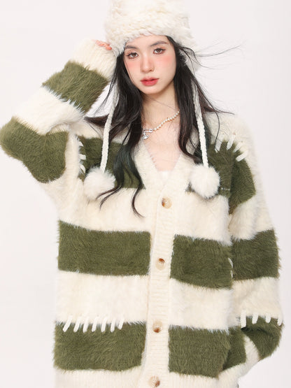 Striped Corian Style Loose Faux Mink Fur Soft Cardigan Knit