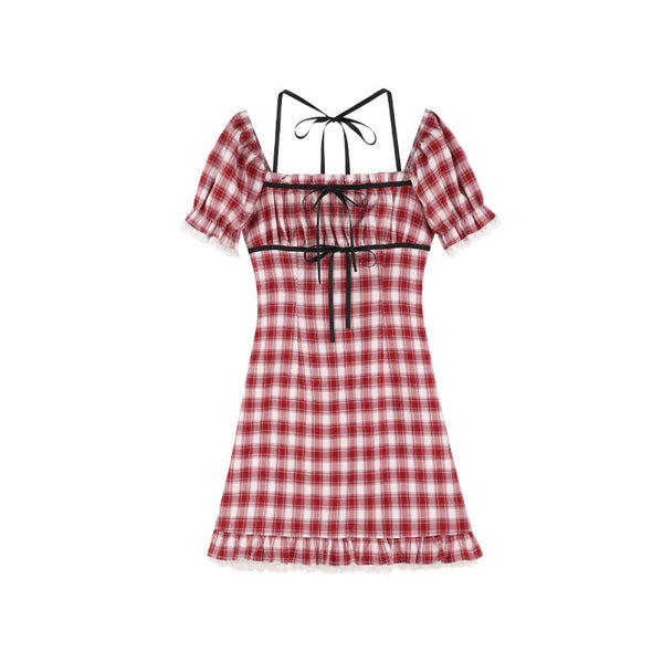 スクエアカラーチェックリボンワンショルダーワンピース