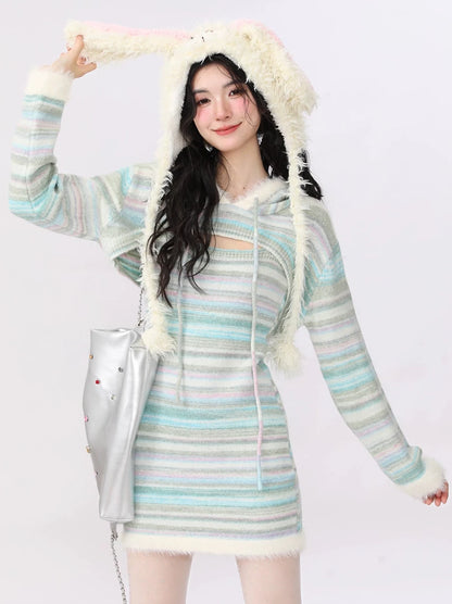 Knit Striped Suspender Skirt + Hooded Jacket Setup