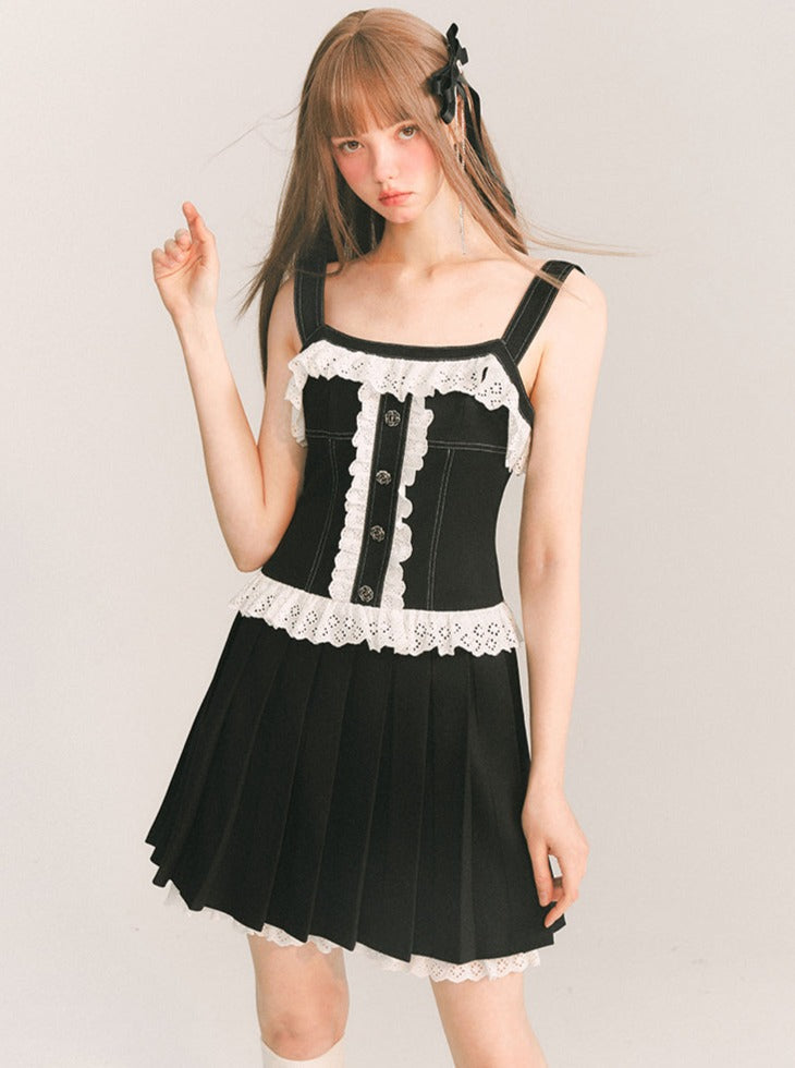 Lace frill black pleated skirt dress