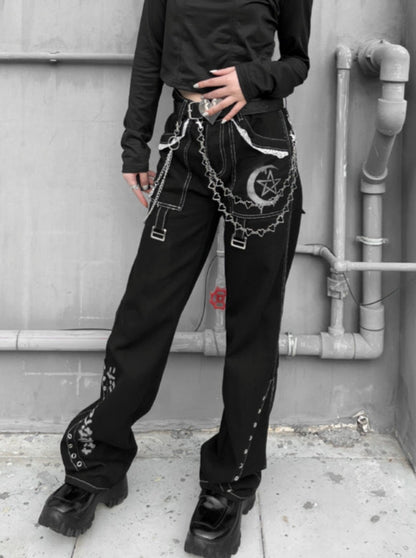 PUNK ROCK BUCKLE EYELET BLACK PANTS + CHAIN ​​HEART BELT