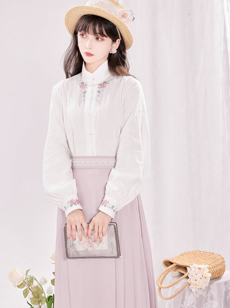 Lace Sheer Cardigan with Corsage + Stand Collar Rose Blouse + Box Pleated Skirt