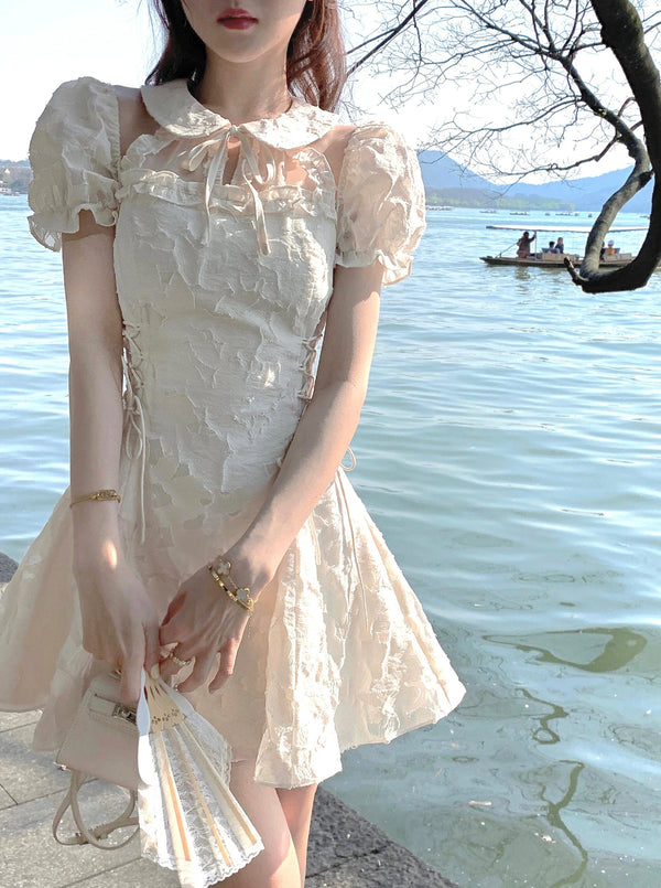 Flare side lace up jacard dress