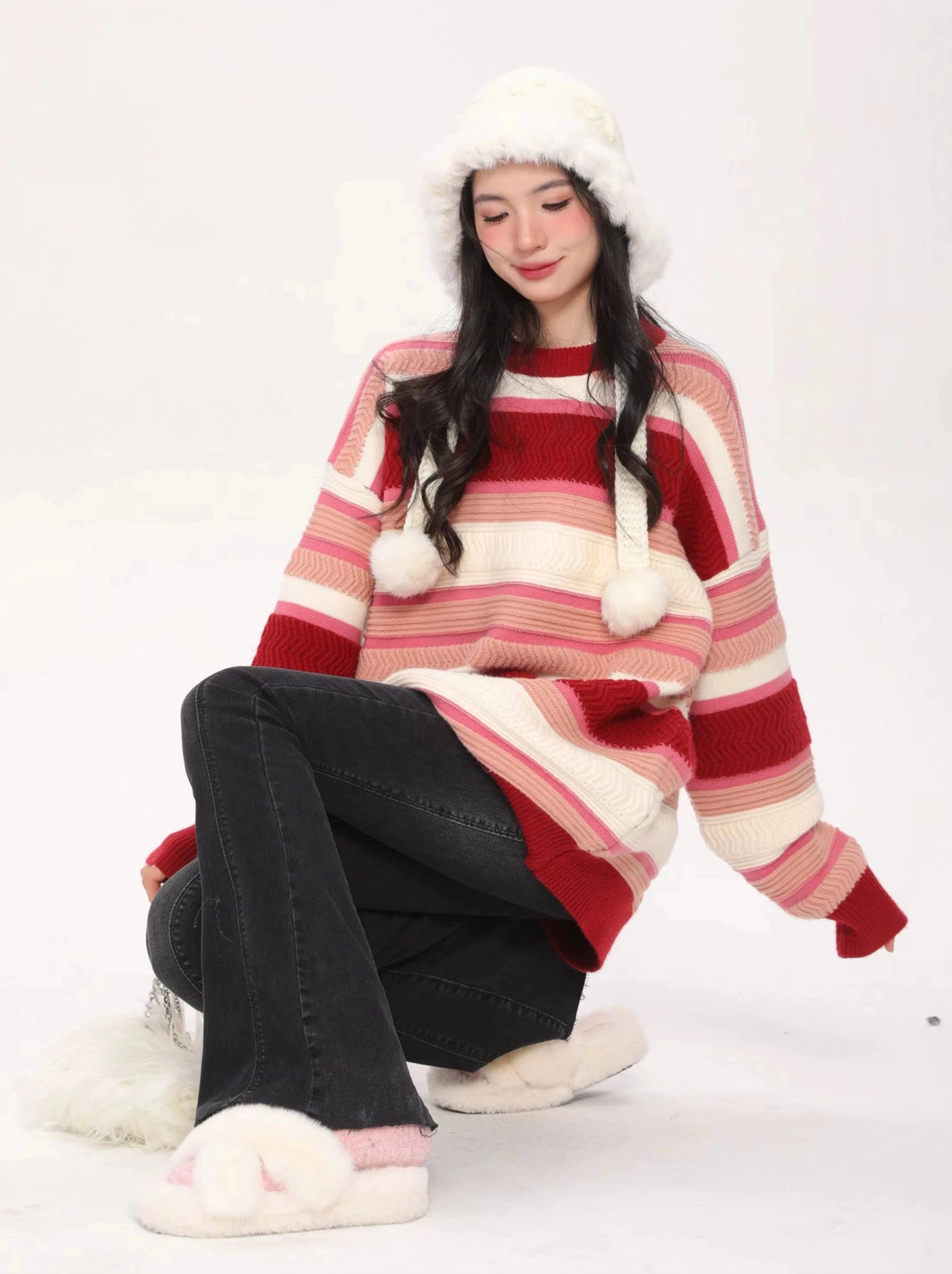 Loose Lazy Style Christmas Red Stripe Knit Sweater