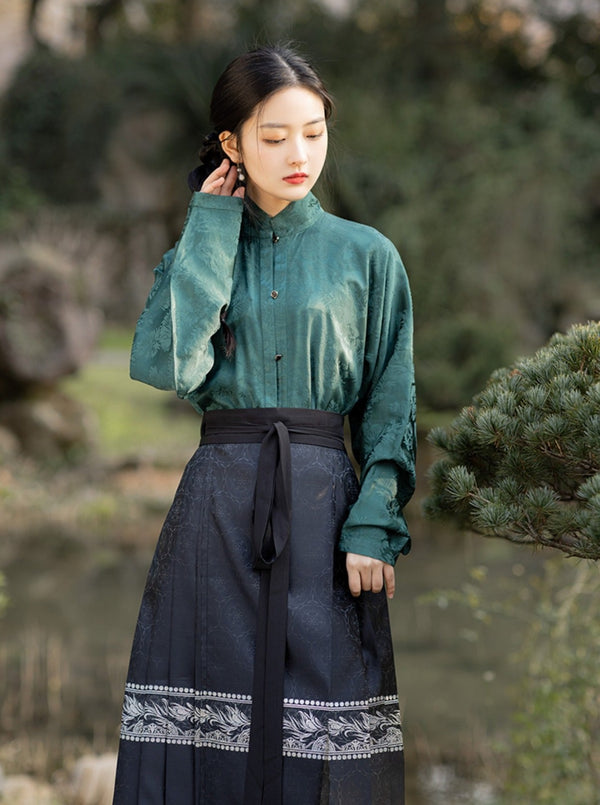 Rayon Jacquard Bow Pocket Sleeve Short Shirt