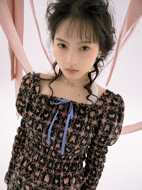 Butterfly Pin Cusque Air Neck Puff Sleeves Tops