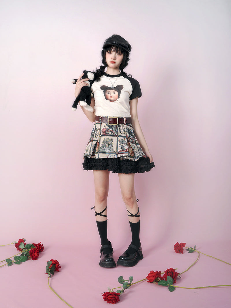 Retro Cat Jacquard frill stitch lace A line skirt