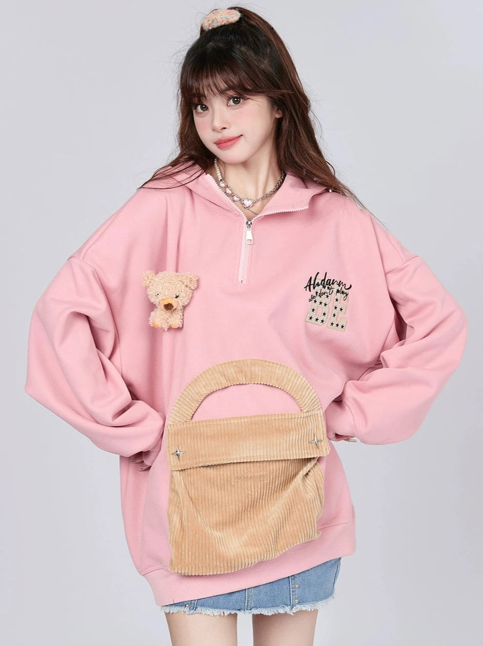 Retro Bear Brooch Corduroy Pockets Design Loose Hooded Sweatshirt