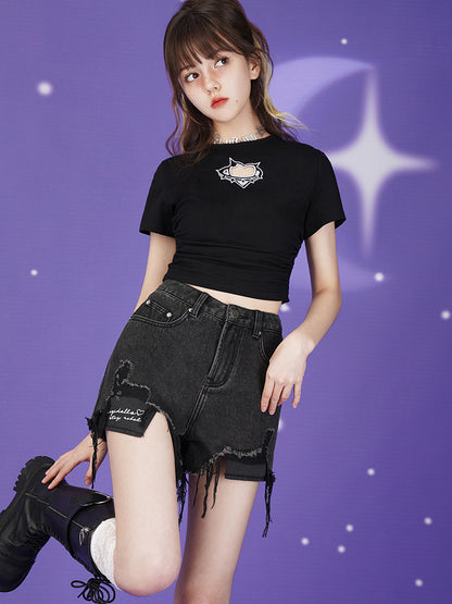 Letter Logo Heart Crush Black Denim Shorts