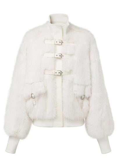 Soft light leather buckle wrap fur coat