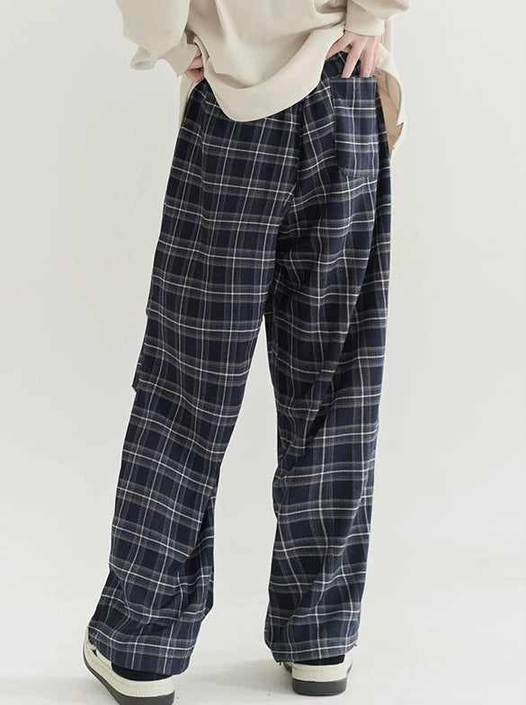 Loose Knee Pleated Check Casual Pants