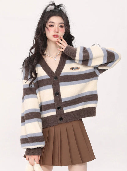 Hot Girl Style Loose V-Neck Short Striped Knit Cardigan