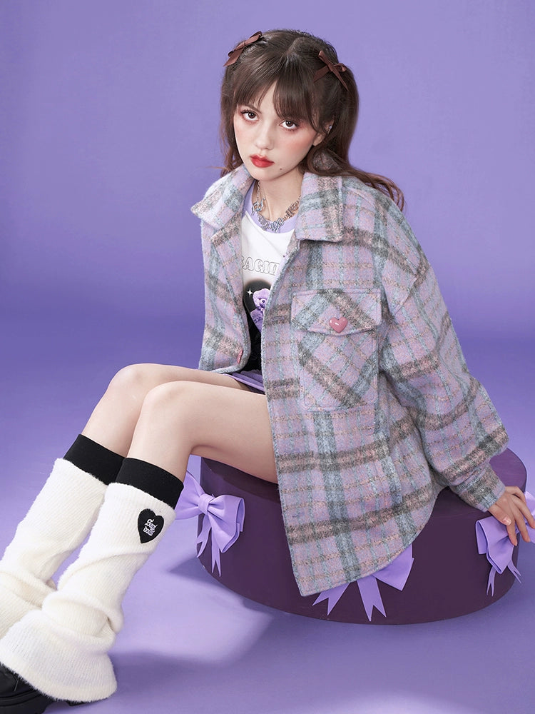 Purple Check Shirt Style Loose Coat