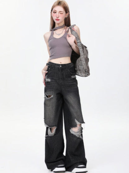 Denim damage loose wide leg pants