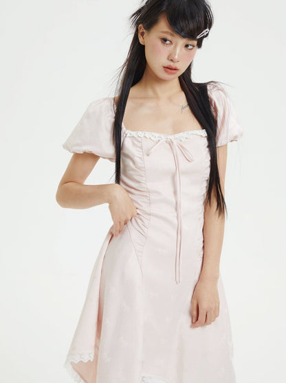 Asymmetrical design square neck ribbon dress