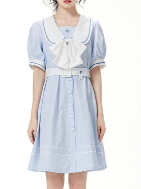 Ribbon Sailor Puff Sleeve Fairy Belt Dress