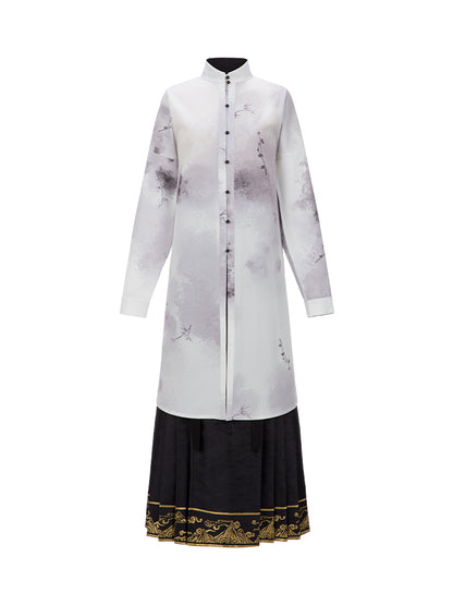 China Stand Collar Slit Long Shirt + Embroidered Jacquard Skirt with Waistband