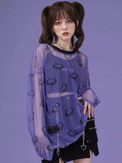 Loose Round Neck Print Sheer Long T