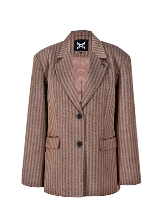 Striped brown blazer + pleated skirt