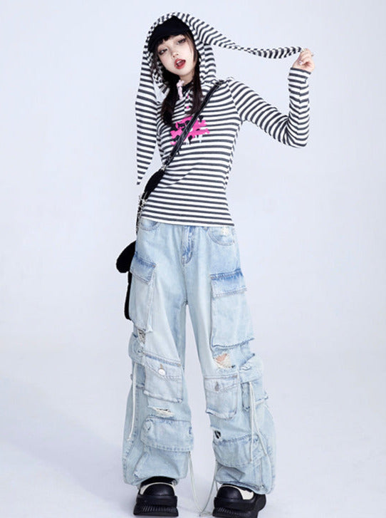 American Retro Loose Blue Ripped Straight Wide Leg Jeans