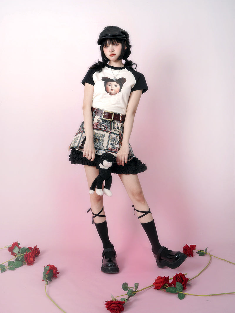 Retro Cat Jacquard frill stitch lace A line skirt