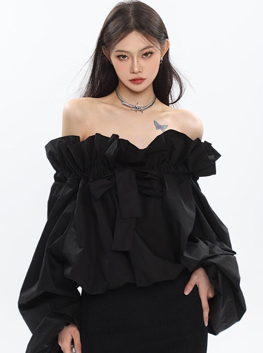 dark ruffled off-the-shoulder tops 