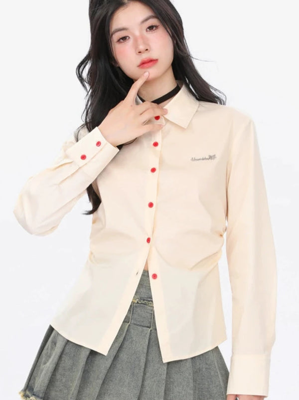 American College Style Red Button Waist Pleated Shirt