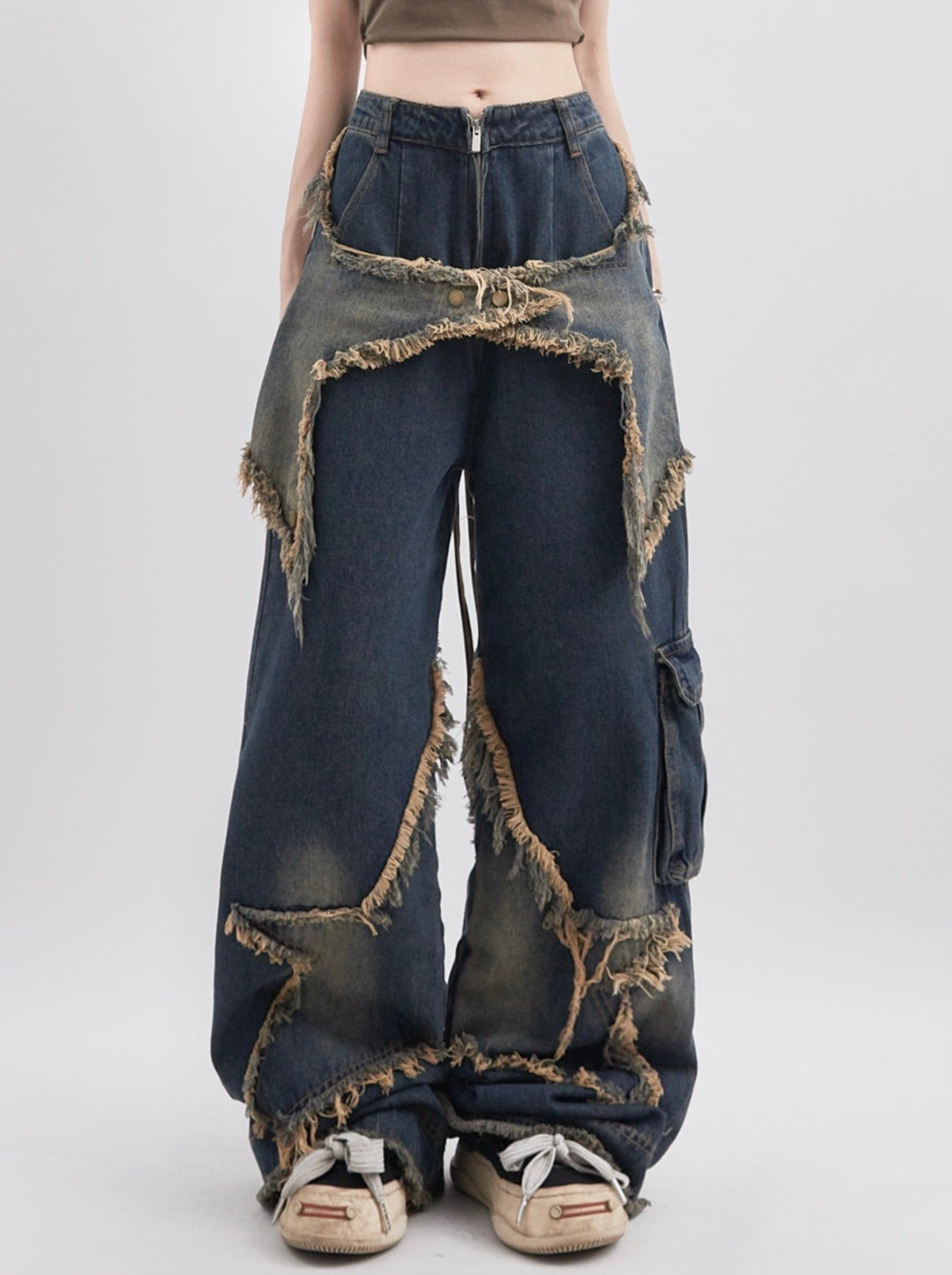 Retro design star patch old straight denim pants