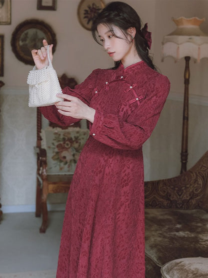 wine red cheongsam dress