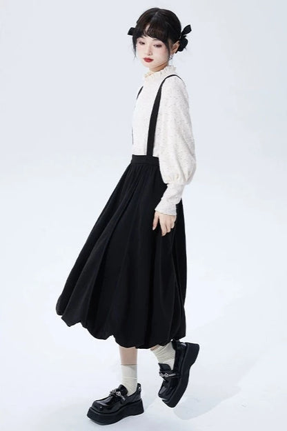 Monotone High Waist Suspender Skirt