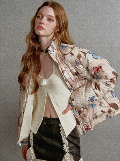 Butterfly Print Short White Duck Down Jacket