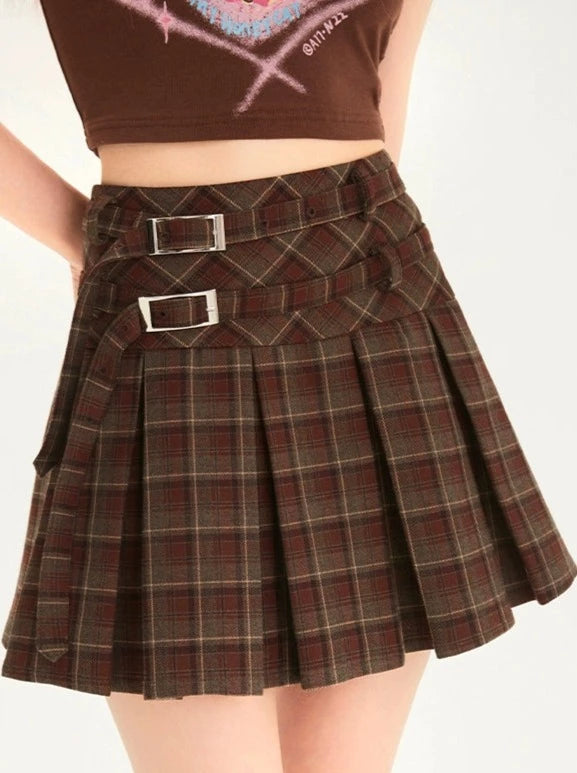 Retro Check A-Line High Waist Pleated Skirt