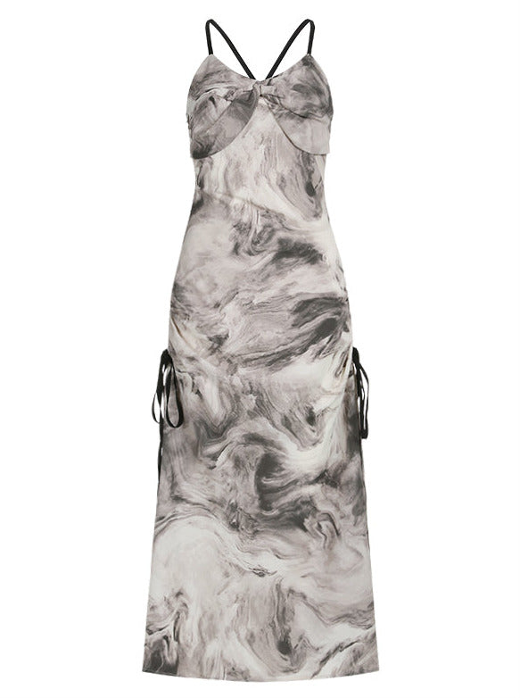インクマーブルサイドスリットバッククロスストラップワンピース