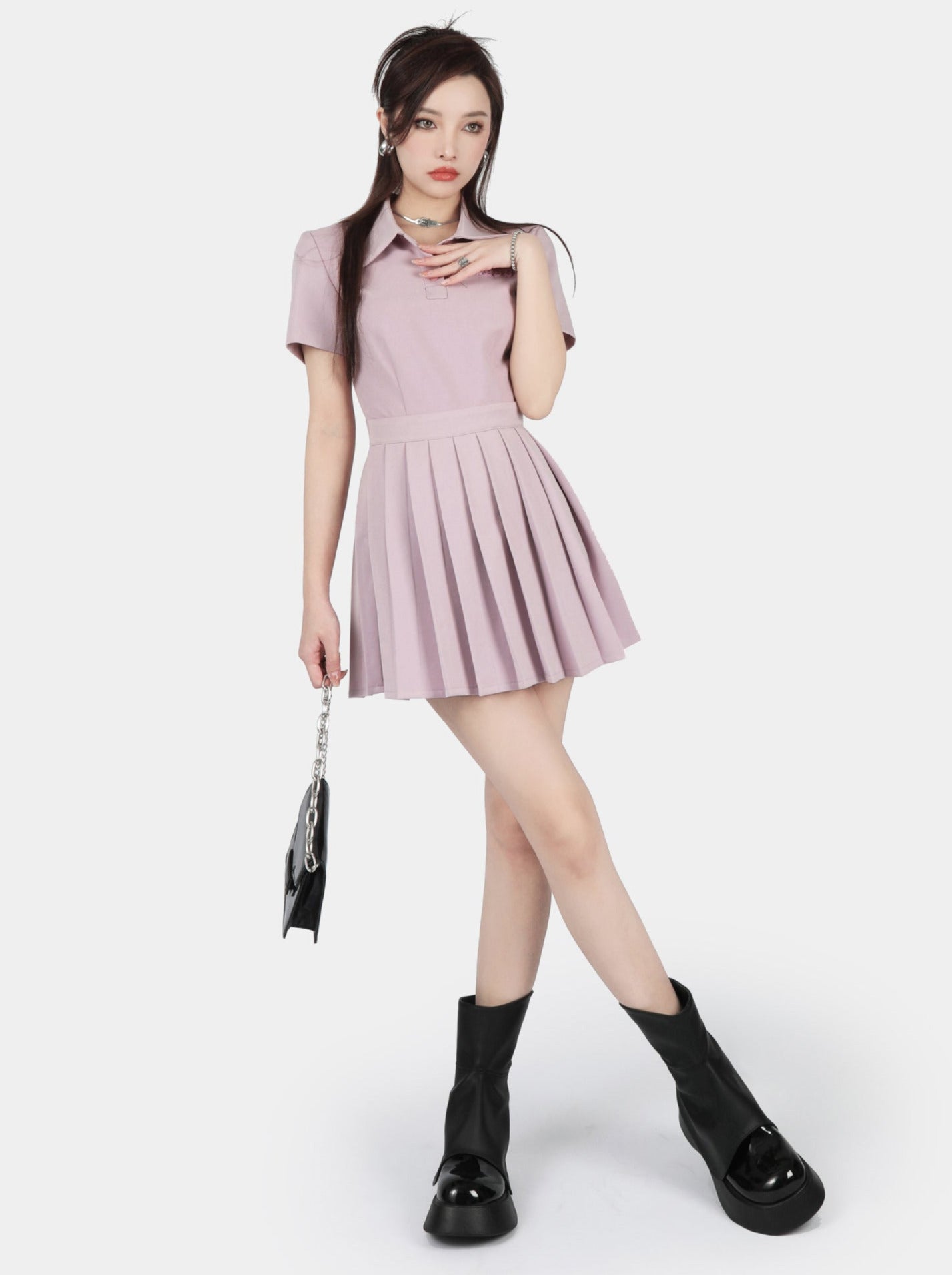 Polo Color Pleated Switch One Piece Tennis Girl