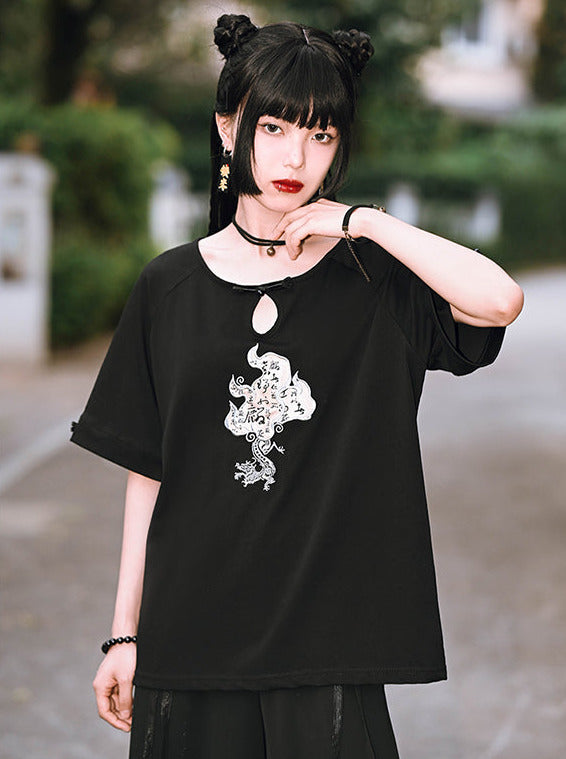 サブカルチャイナレトロバックルエンブロイダリー麒麟Tシャツ