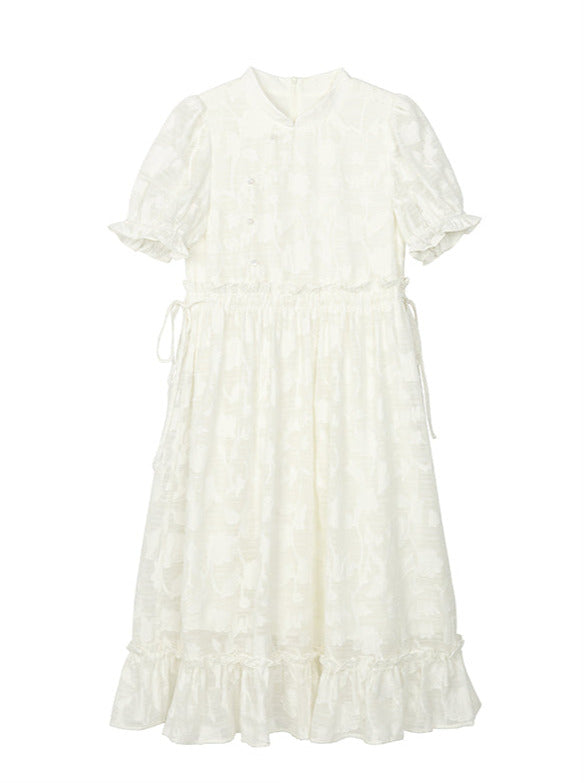 Sheer Puff Sleeve Drost Ribbon Flower China Dress