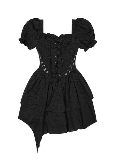 Black Rose Puff Sleeve Lace-up Bustier Tiered Dress