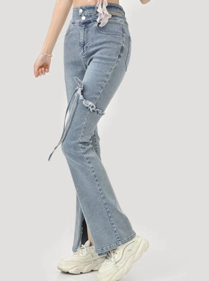 High Waist Slit Denim Flared Pants