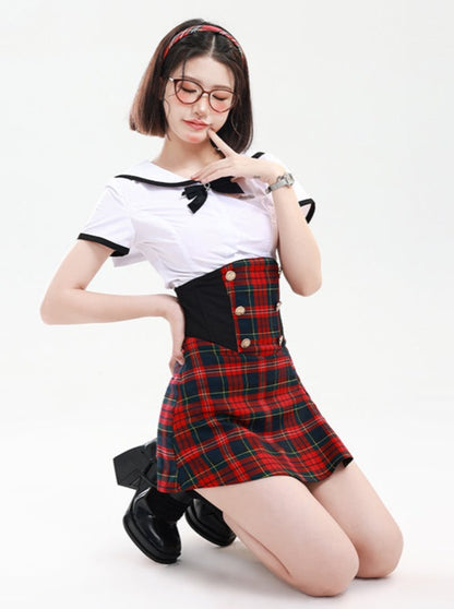 Ribbon tops + high waist skirts + check skirts