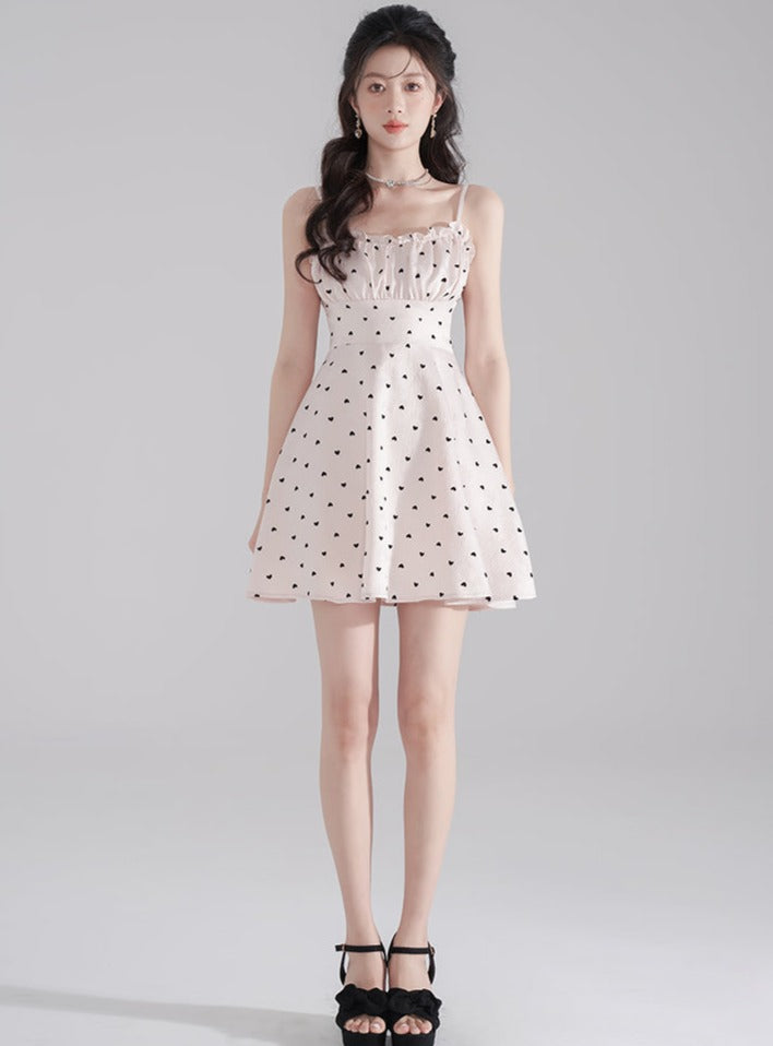 Heart Dot Jacquard Design Back Ribbon One Piece