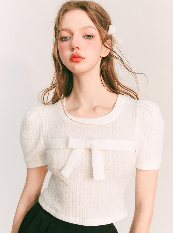 Soft ribbon lib knit cropped tops