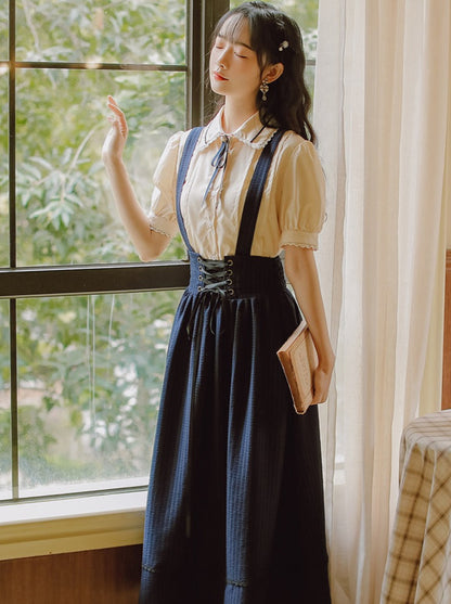 Puff Sleeve Blouse with Ribbon + Lace-up Corset Sass Skirt