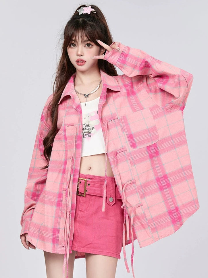 Pink Check Lace-up Shirt