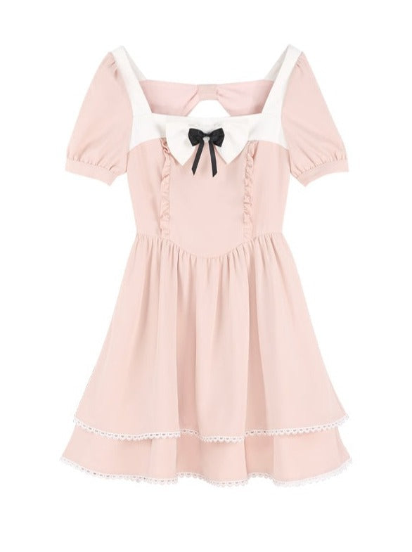 Pink Girly Square Collar French Dress Belchic Pink Girly Square Collar French Dress Belchic