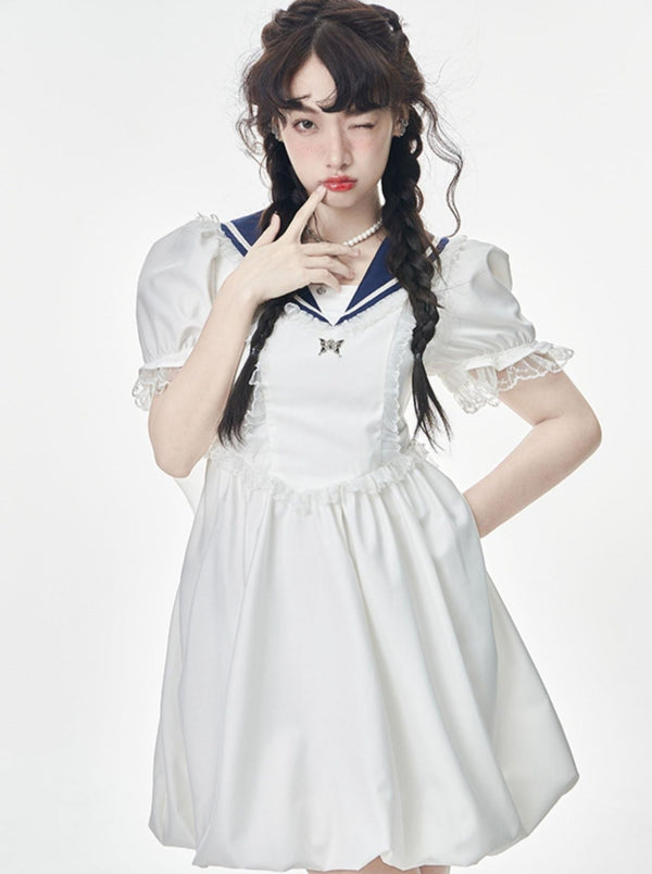 Sailor curler back ribbon puff sleeve dress